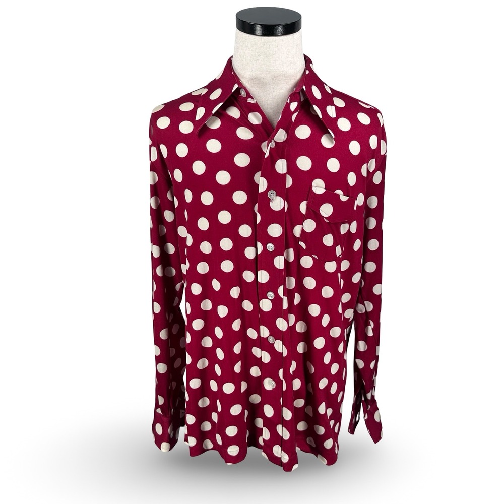 Vintage Martini Mens XL Polka Dot Button Up Shirt Red 70s Disco Dagger Nylon